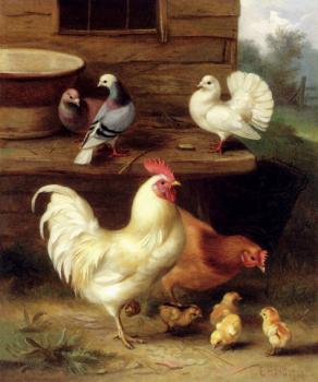 Edgar Hunt : A Cockerel Hen And Chicks With Pigeons